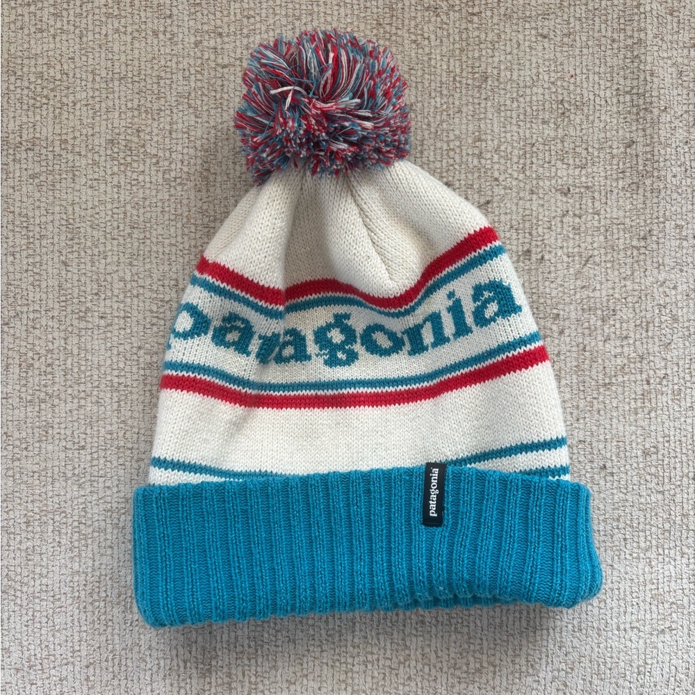 Patagonia Powderbowl Blue and Red Knit Beanie